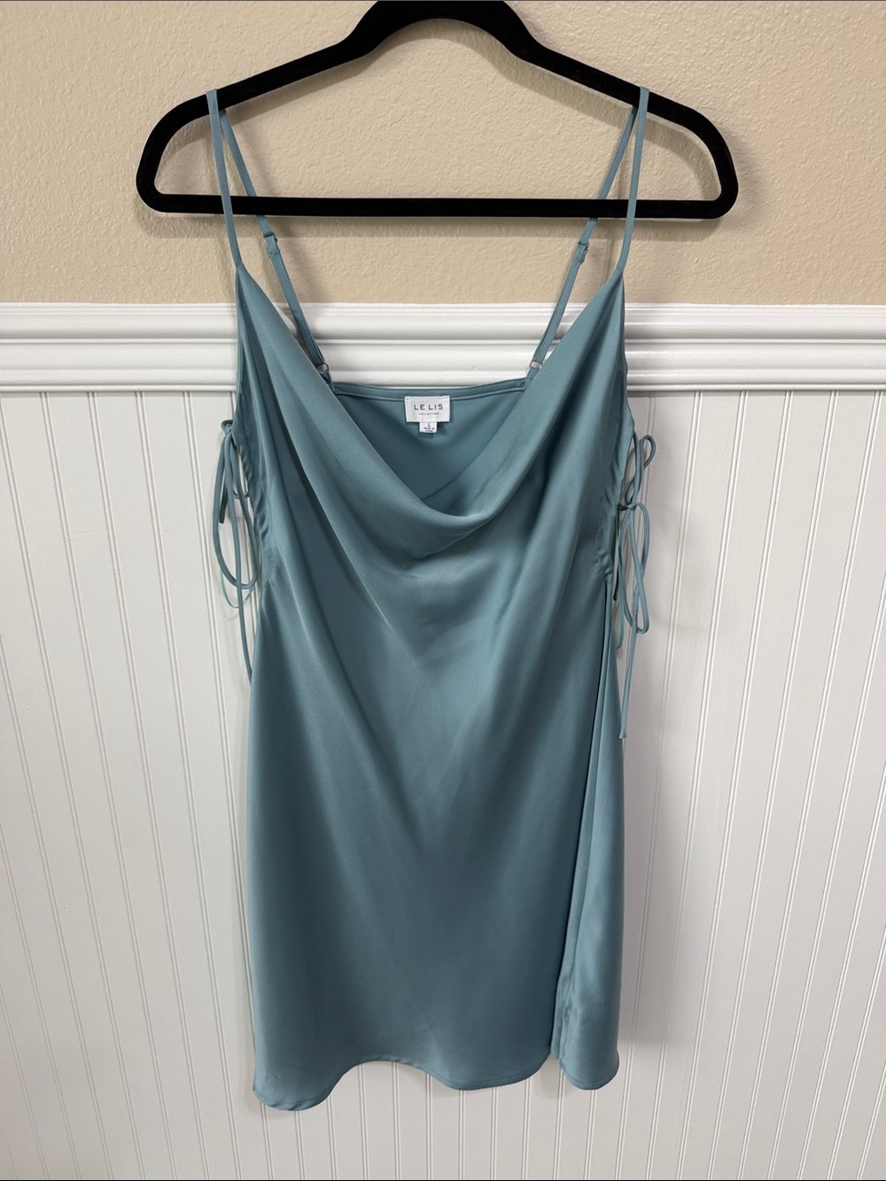 Le Lis Dusty Teal Women’s Satin Slip Dress with Side Ties. Size Large. See pics